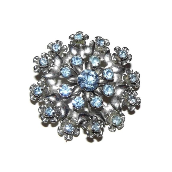 Vintage Prong Set Blue Rhinestone Brooch, Large Flower Rhinestone Brooch, - Picture 1 of 5